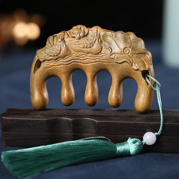 Green Sandalwood Koi & Lotus Tassel Comb, image 20