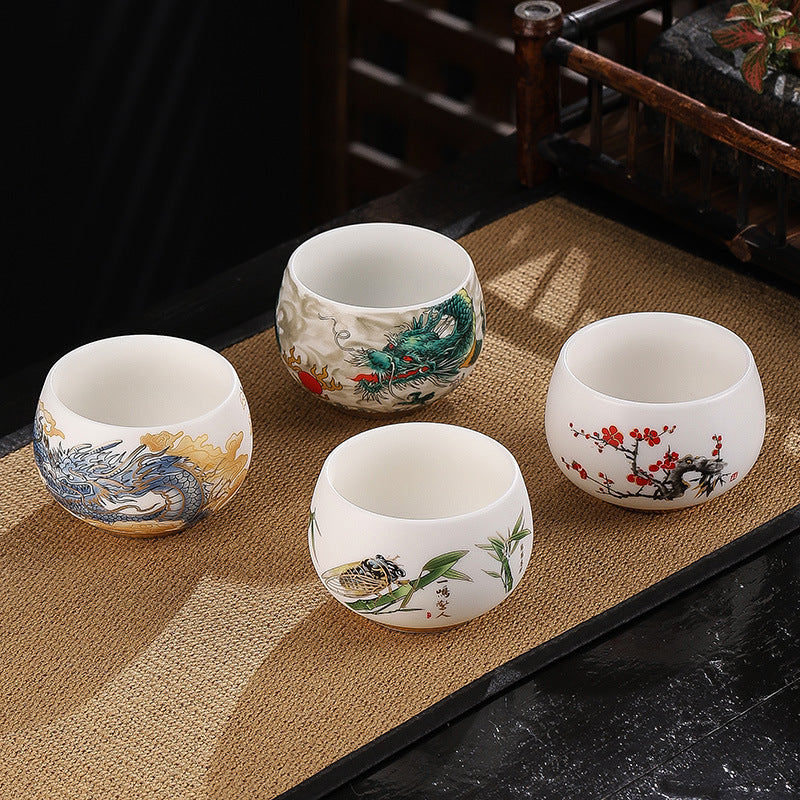 Dragon Cicada Ceramic Tea Bowl - four designs: green dragon, blue dragon, cicada on bamboo, plum blossom on mat