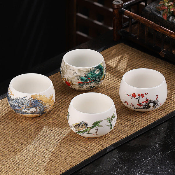 Dragon Cicada Ceramic Tea Bowl - four designs: green dragon, blue dragon, cicada on bamboo, plum blossom on mat