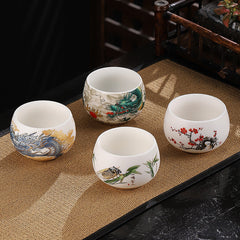 Dragon Cicada Ceramic Tea Bowl - four designs: green dragon, blue dragon, cicada on bamboo, plum blossom on mat