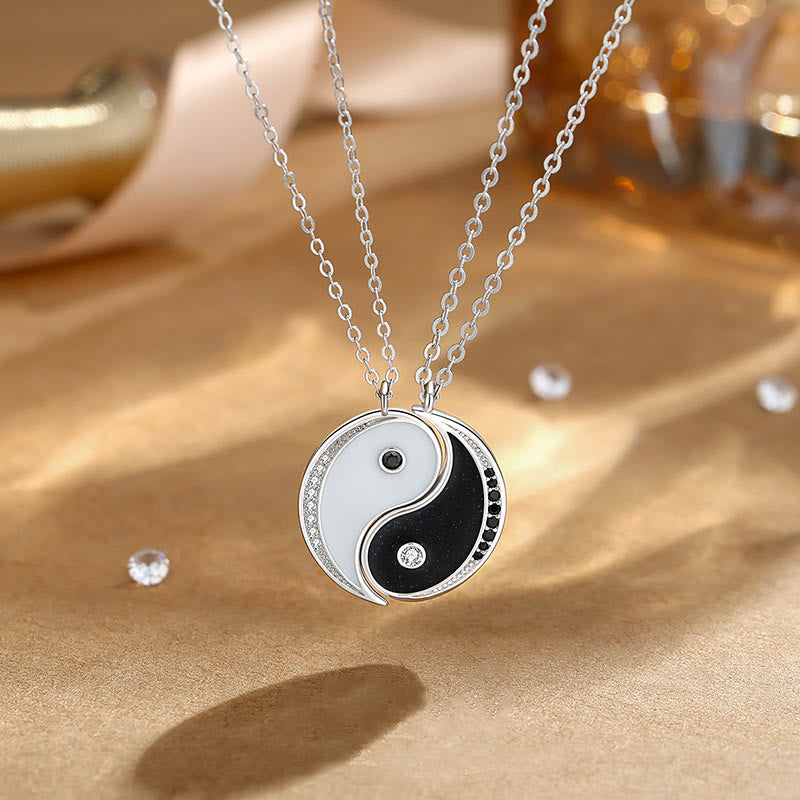 925 Sterling Silver Yin Yang Harmony Necklace Pendant – Split pendant set on silver chains, crystal accents, couples jewelry Main image
