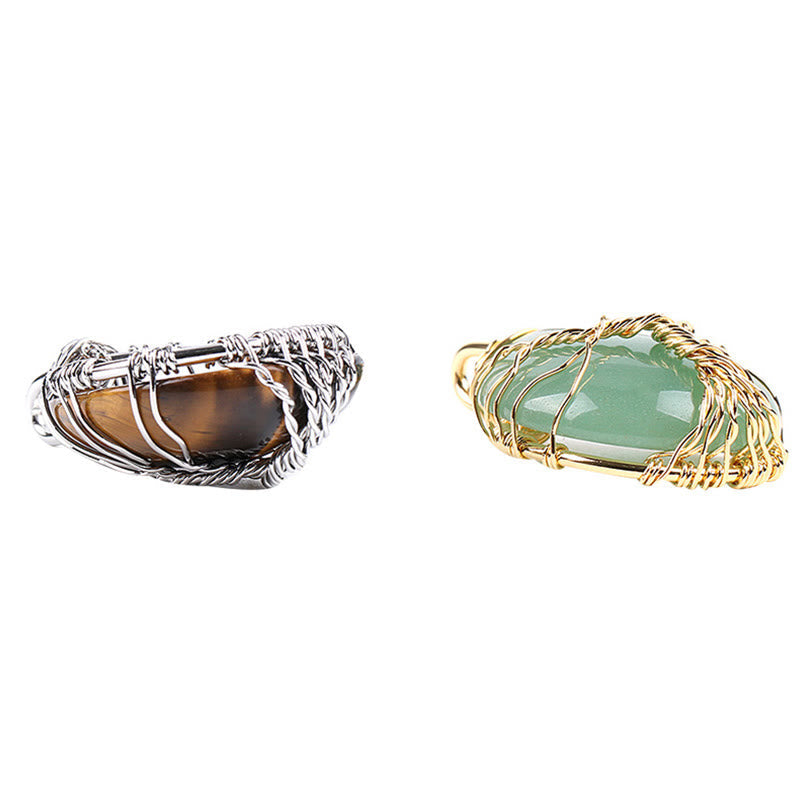 Quartz Crystal Tree of Life Necklace – tiger eye and aventurine wire rings, silver and gold, artisan jewelry