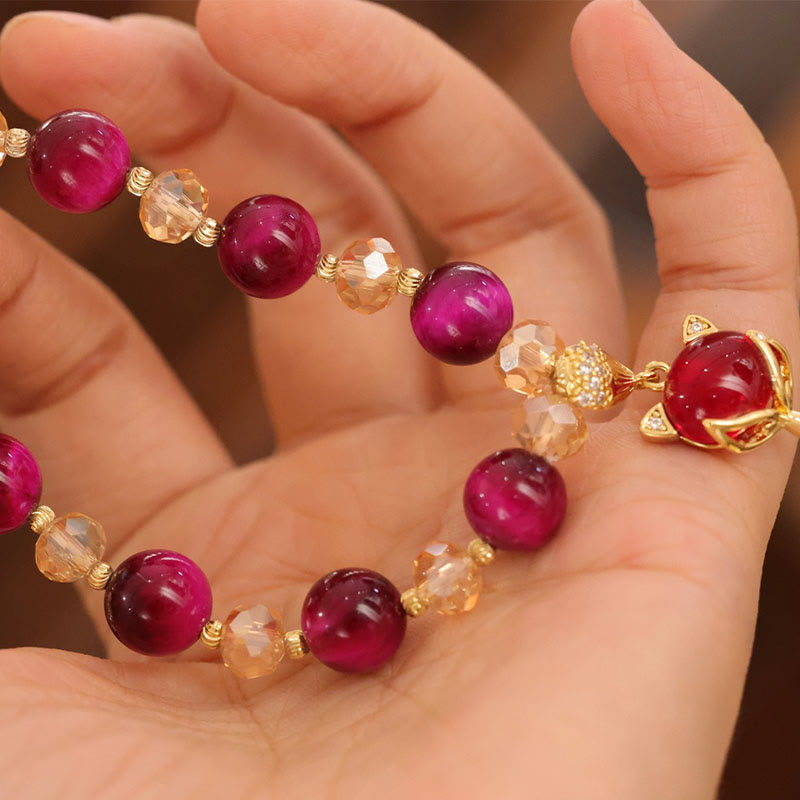 Red Tiger Eye PiXiu Fox Bracelet – Hand holding bracelet fox charm crystals, feminine gift jewelry