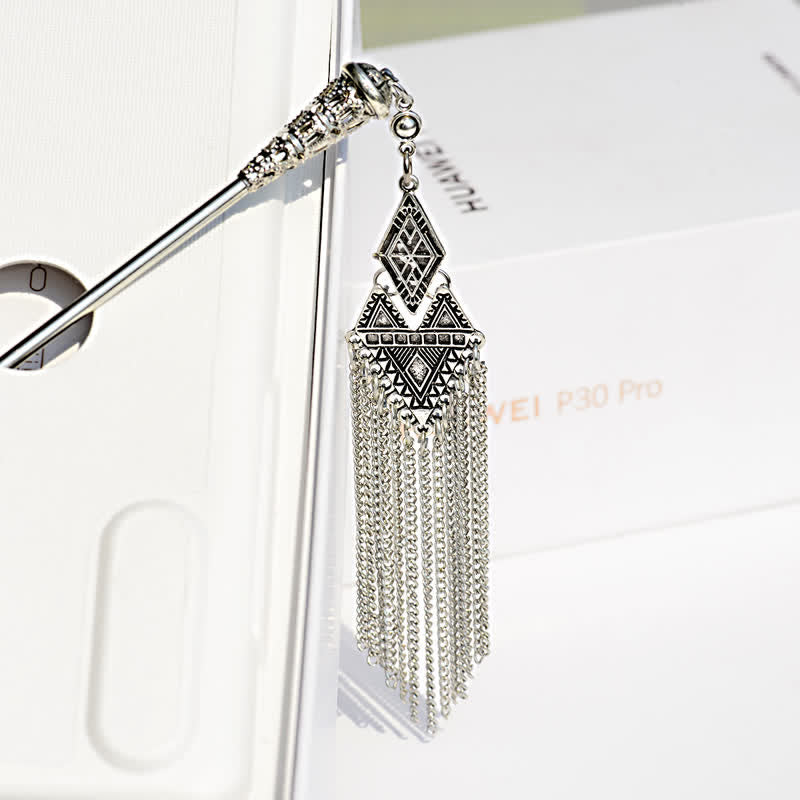 Geometric variant diamond pendant with chain tassels on white