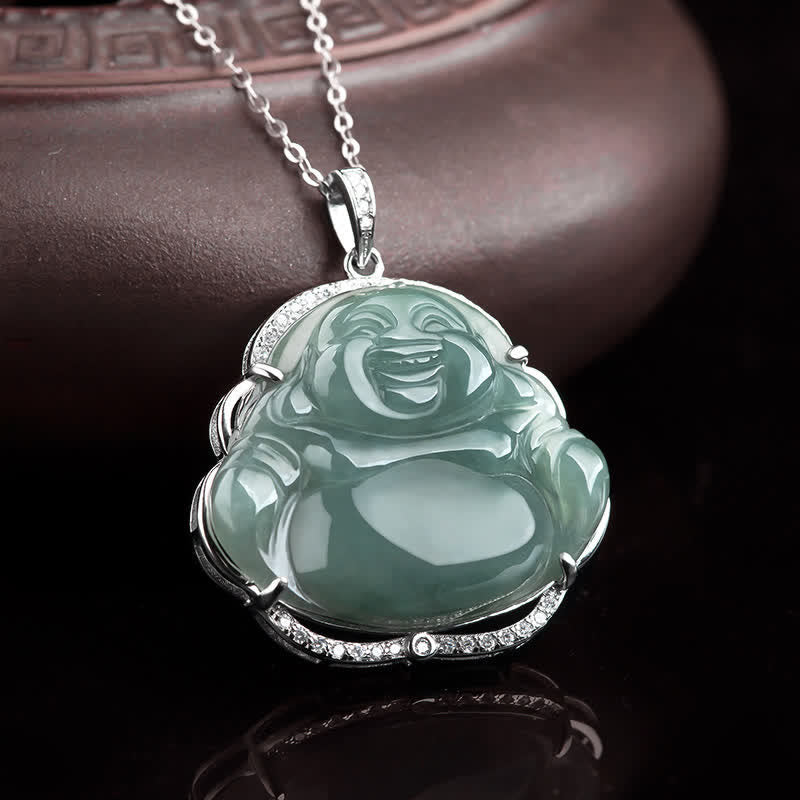 Laughing Buddha Natural Jade Luck Necklace Titanium Steel – Rich emerald jade laughing figure with hypoallergenic steel