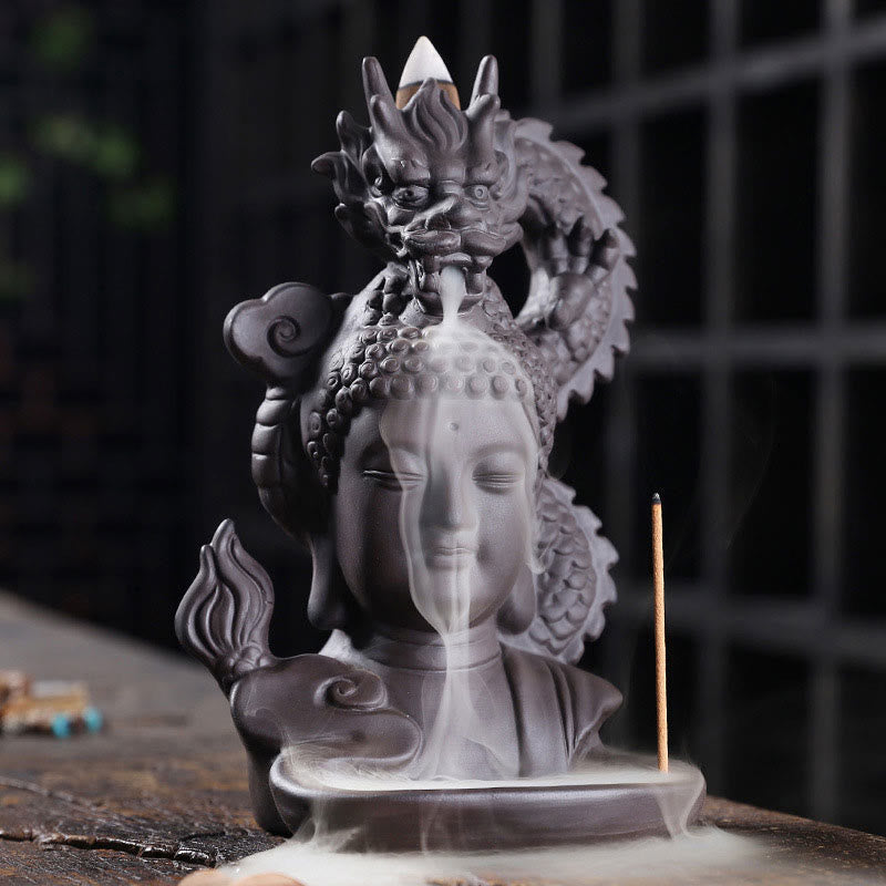 Dragon Buddha Purple Clay Burner - Front view of dragon carved incense holder, zen meditation
