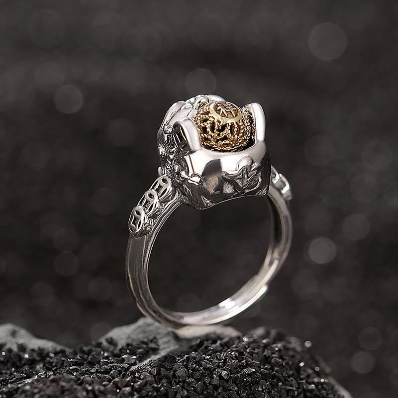 925 Silver PiXiu Wealth Ring – Silver beast ring holding gold sphere on volcanic rock, men's feng shui ring