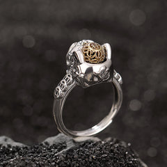 925 Silver PiXiu Wealth Ring – Silver beast ring holding gold sphere on volcanic rock, men's feng shui ring