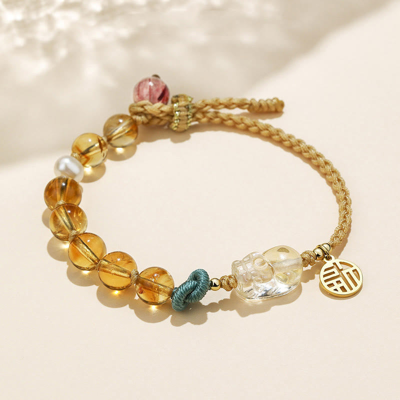 Citrine PiXiu Fu Bracelet – Citrine beads with clear PiXiu, gold Fu charm on cream