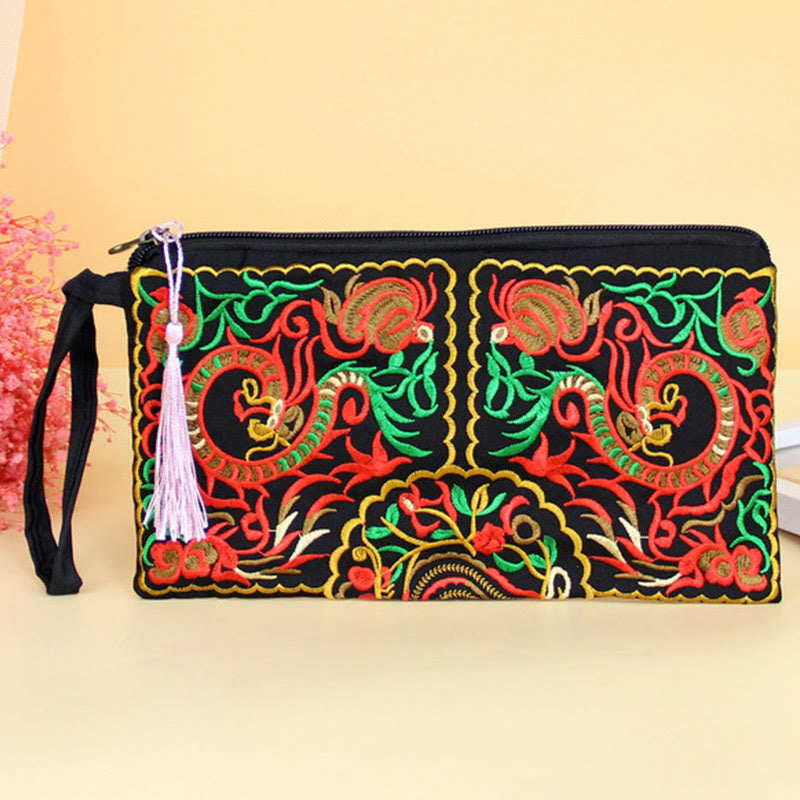 Dragon Butterfly Embroidery Wallet - Phoenix embroidery clutch with lavender tassel, Handcrafted