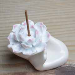 Ceramic Lotus Hand Incense Burner - blooming lotus on leaf-shaped base, serene meditation