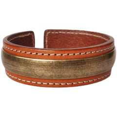 Om Mani Padme Hum Dragon Phoenix Bracelet - Tan leather brass cuff with cream stitching, open design, Zen