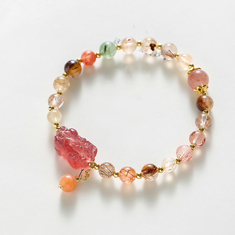 Rutilated Quartz Strawberry Quartz PiXiu Bracelet, image 4, healing bracelet