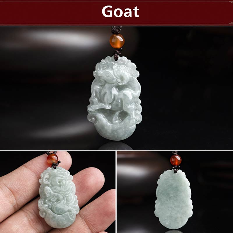 Natural Jade Chinese Zodiac Pendant – Goat with curling horns triple view, harmony