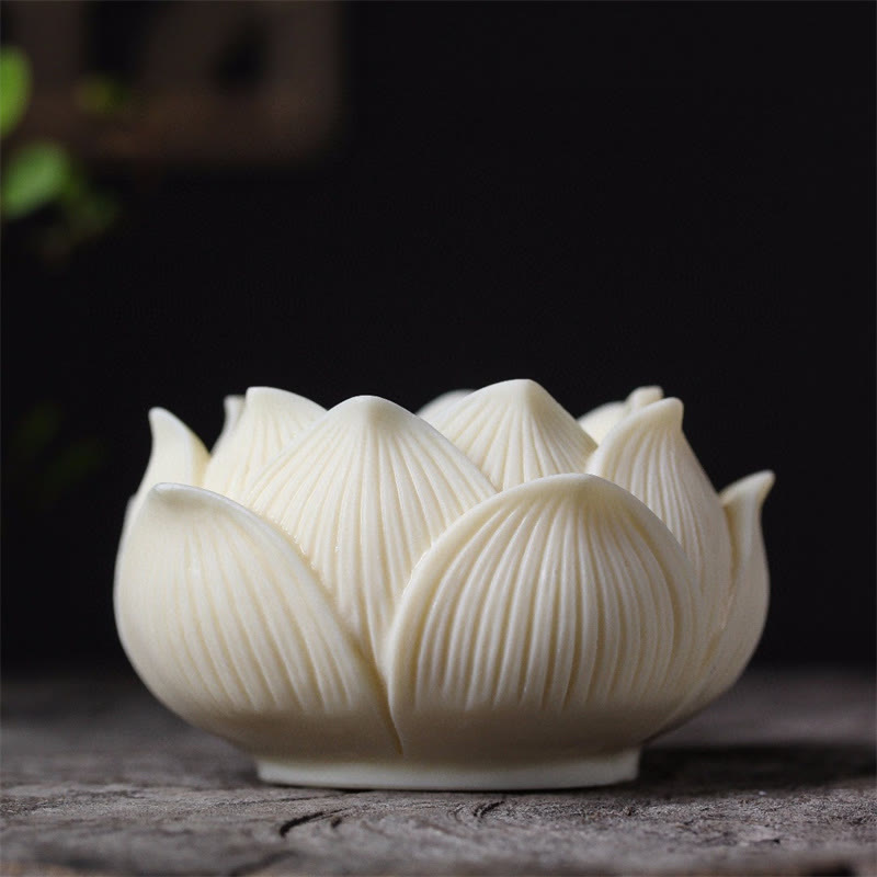 Kwan Yin Ivory Fruit Lotus Decoration - matte ceramic lotus candle holder on weathered wood, Pure