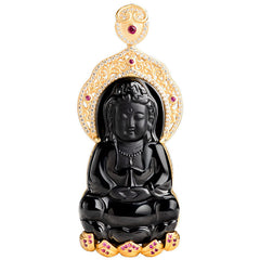 Black Jade Kwan Yin Avalokitesvara Necklace – Glossy black pendant surface, compassion amulet accessory