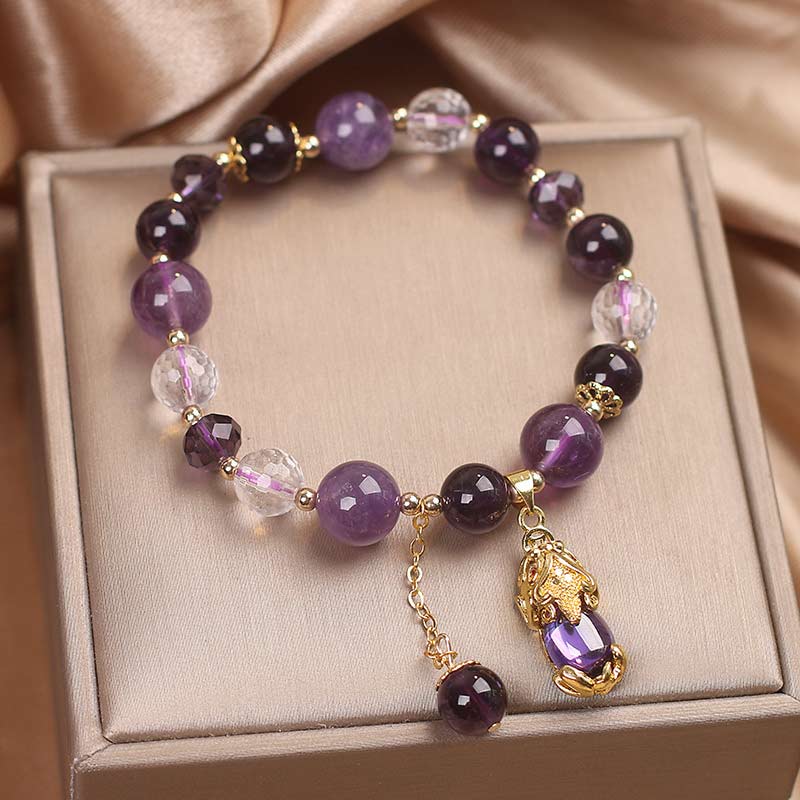 Natural Amethyst PiXiu Healing Bracelet – bracelet laid flat in gift box with purple amethyst and copper accents, good luck unisex gift