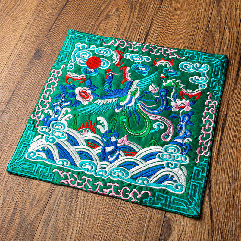 Phoenix Dragon Kirin Embroidery Tea Cup Mat - Emerald green base phoenix clouds waves, Jade Prosperity