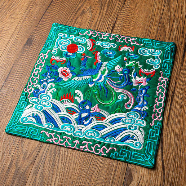 Phoenix Dragon Kirin Embroidery Tea Cup Mat - Emerald green base phoenix clouds waves, Jade Prosperity