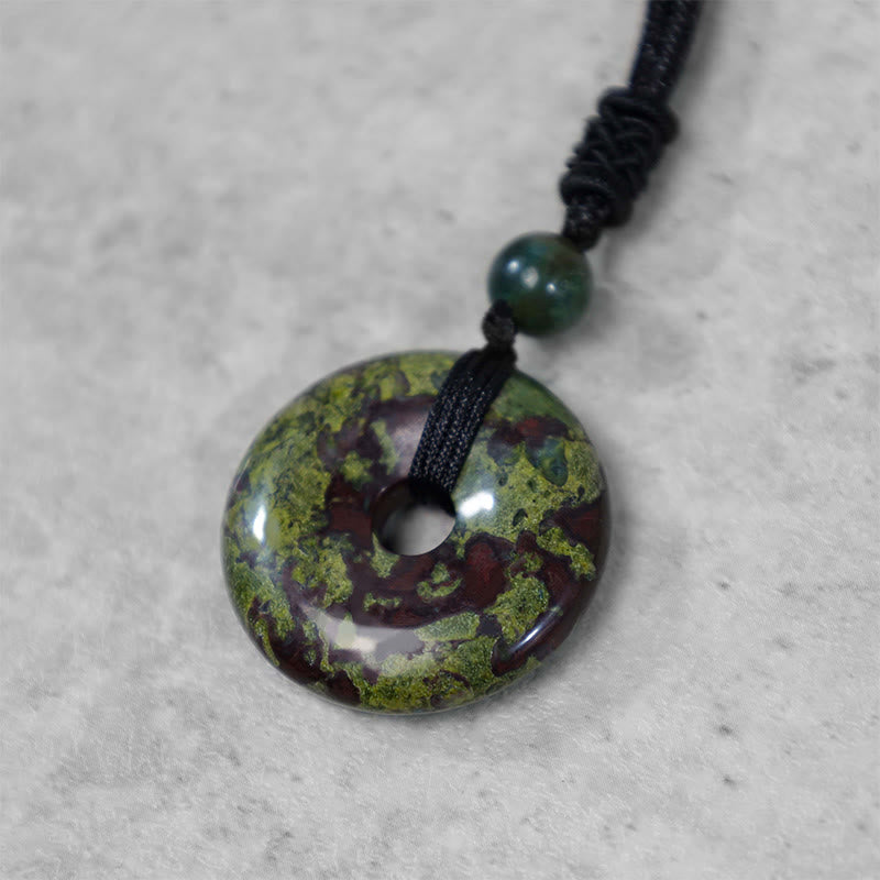 Lucky Coin Pendant Healing Crystal Gemstone Necklace – Olive green and deep red-brown marbled stone pi disc on adjustable cord