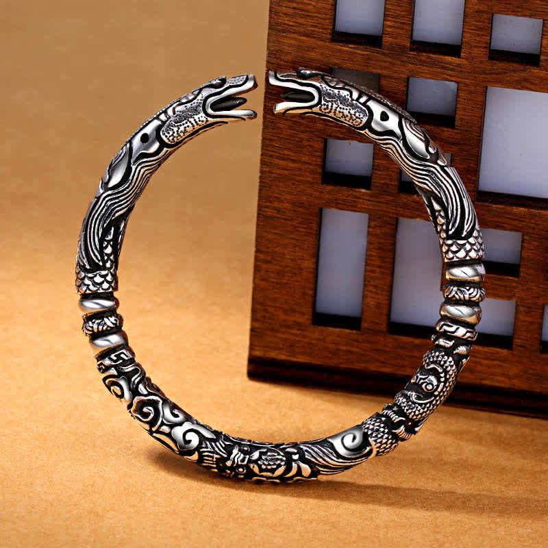 Dragon Head Carved Luck Bangle – open cuff showing cloud wave motifs, Vintage Silver