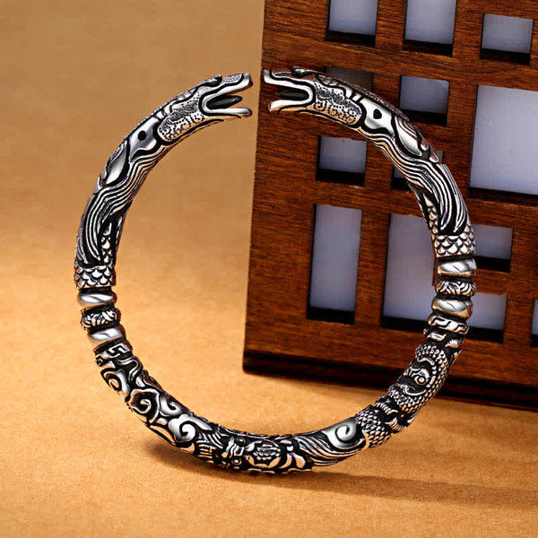 Dragon Head Carved Luck Bangle – open cuff showing cloud wave motifs, Vintage Silver