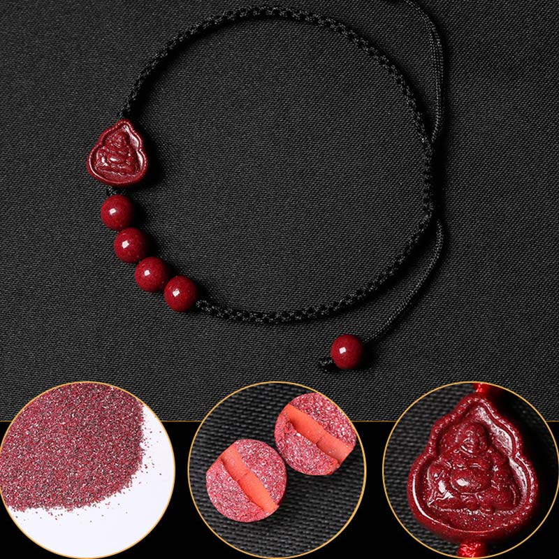 Cinnabar Laughing Buddha Guan Yin Bracelet – black cord bracelet with detail insets of raw cinnabar and bead cross-section