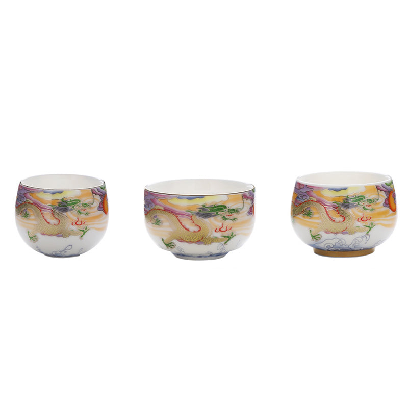 Dragon Phoenix Ceramic Teacup - Three dragon cups showing multi-angle views, comprehensive