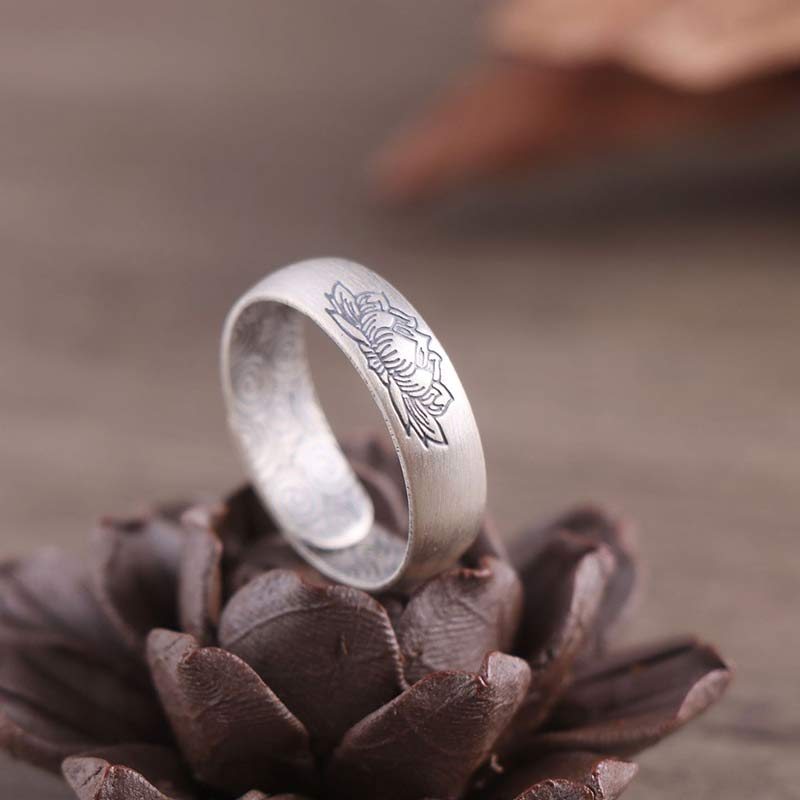 Sterling Silver Lotus Ring - lotus engraving on pine cone prop, artisan silver jewelry