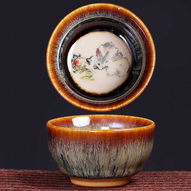 12 Zodiac Jian Zhan Teacup - Horse zodiac with galloping horse ink painting interior and amber-to-charcoal crystalline glaze