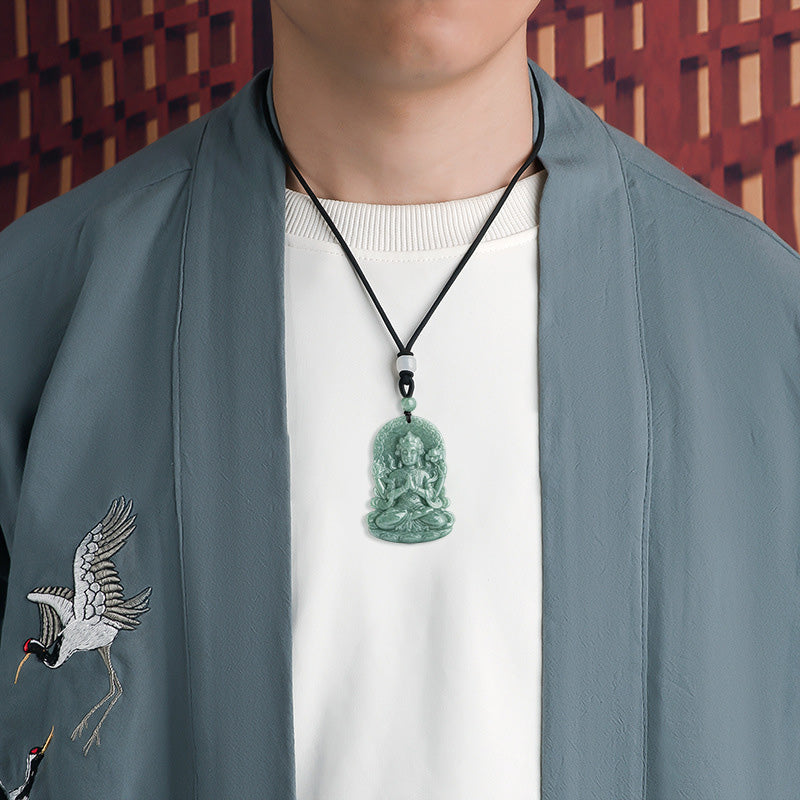 Avalokitesvara Jade Necklace Four-Armed Amulet Blessing 45cm – smooth translucent medallion, spiritual blessing amulet