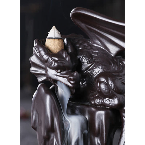 Nordic Dragon Backflow Incense Burner close-up dragon head with backflow cone, smoke from mouth, dark ceramic dragon