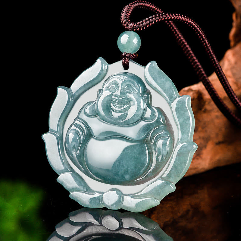 Natural Jade Laughing Buddha Lotus Luck Necklace Pendant – close-up of jade color gradient, spiritual wellness gift