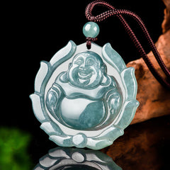 Natural Jade Laughing Buddha Lotus Luck Necklace Pendant – close-up of jade color gradient, spiritual wellness gift