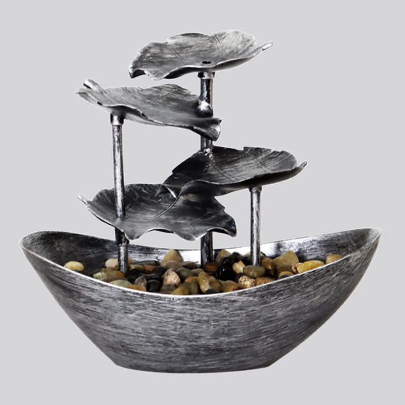 Lotus Leaf LED Waterfall Fountain - silver metallic tiers on neutral studio backdrop, zen fountain