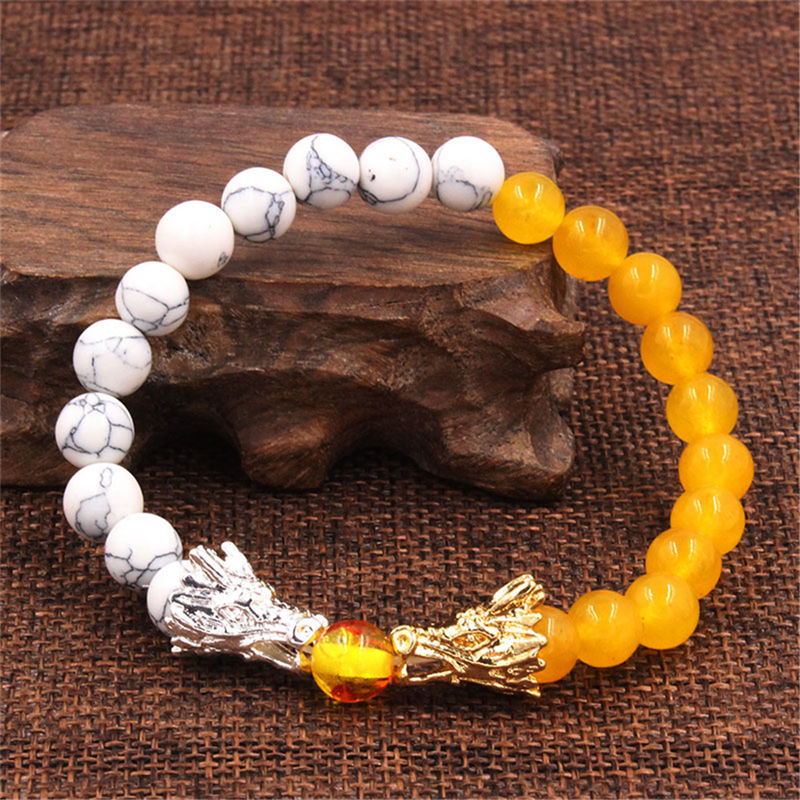 White Turquoise Lava Rock Dragon Bracelet – Wrist-worn on burlap wood display rustic styling, Grounding