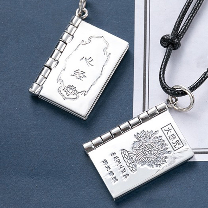 Sterling Silver Heart Sutra Pendant – Two book lockets showing open sutra pages, serenity