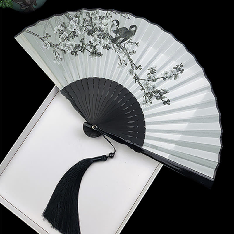Vintage Silk Folding Fan - Ink wash orchid grass and butterfly painting with tassel, elegant fan