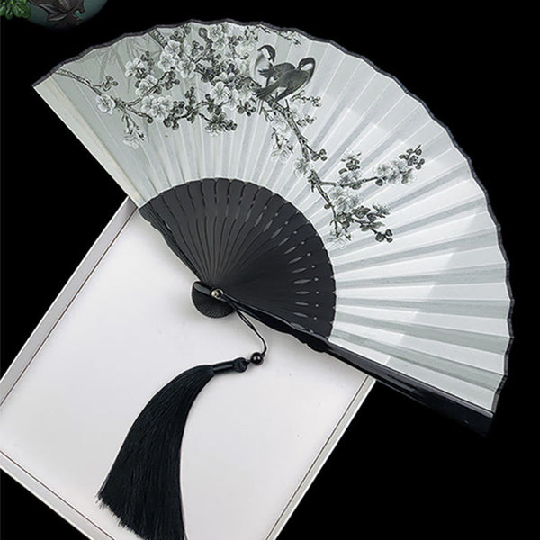 Vintage Silk Folding Fan - Ink wash orchid grass and butterfly painting with tassel, elegant fan