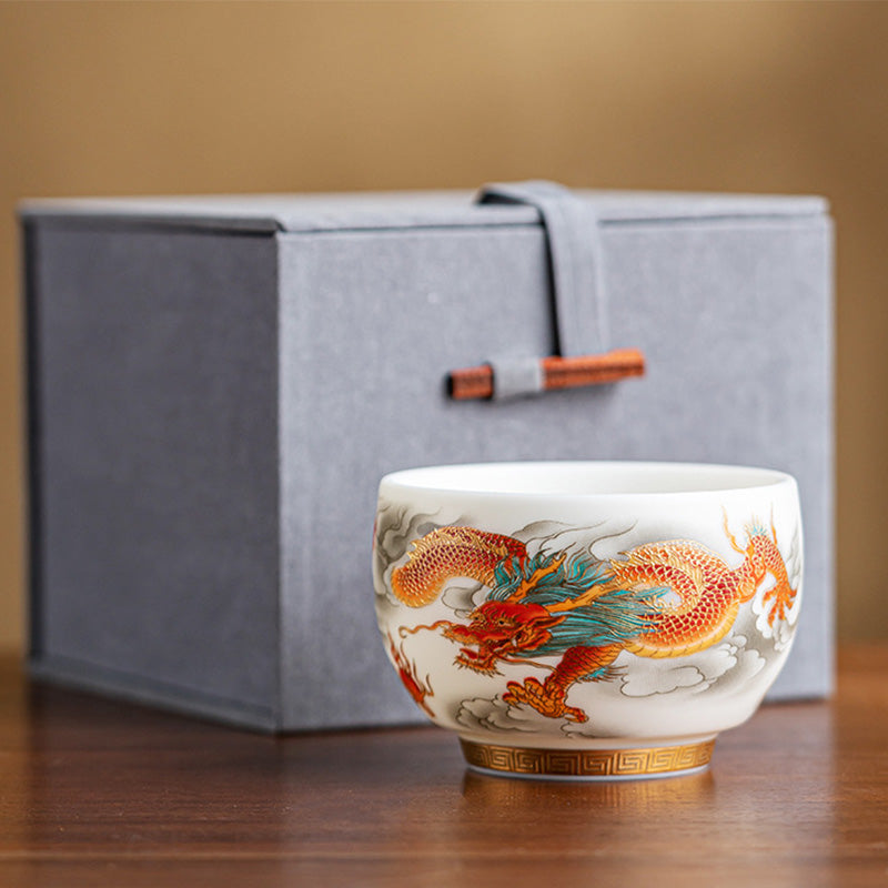 Dragon Phoenix Clouds Ceramic Teacup Gift Set – Gold and teal five-clawed dragon, ruyi clouds, Greek key border