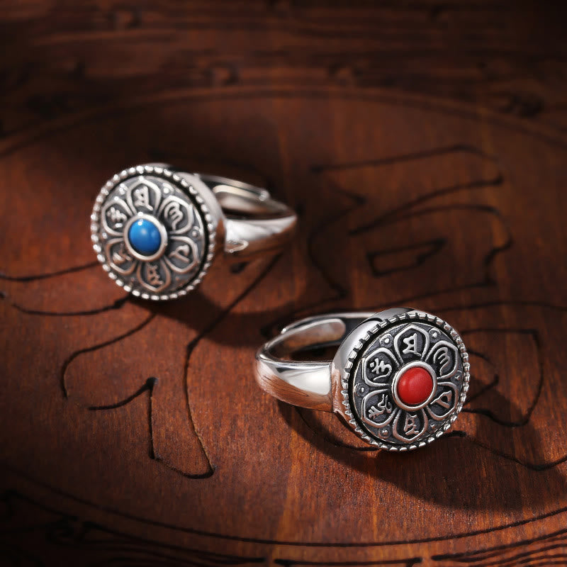 Tibetan Om Mani Padme Hum Ring – Red and blue pair S925 detail, Tibetan ring