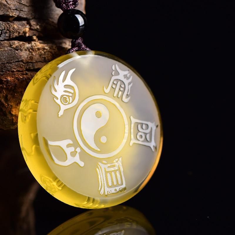 Citrine Yin-Yang Pendant - Taoist Five Sacred Mountains symbols on yellow crystal, Chinese protection amulet