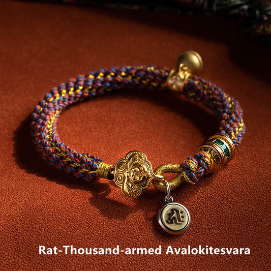 Om Mani Padme Hum Braided Bracelet – Rat zodiac variant with gold components and Sanskrit charm, Buddhist woven bracelet