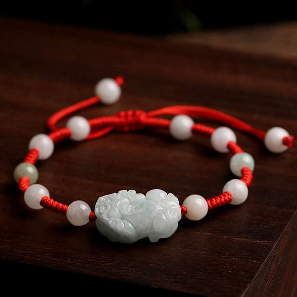 Natural Jade PiXiu Bracelet – carved jade PiXiu red cord dark wood, good fortune feng shui