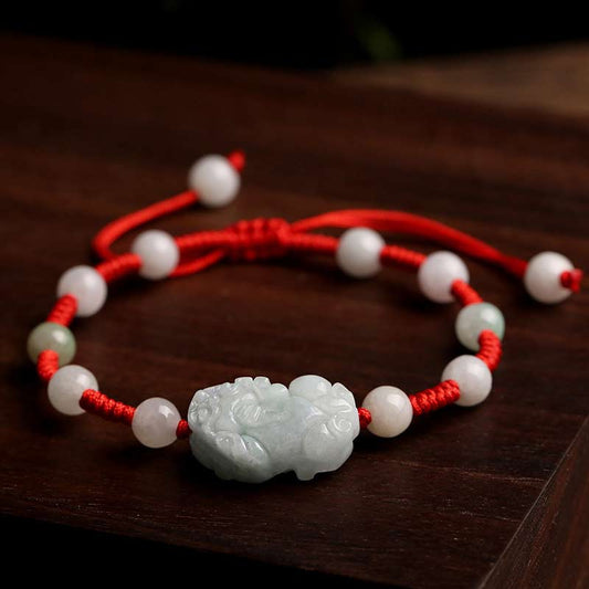 Natural Jade PiXiu Bracelet – carved jade PiXiu red cord dark wood, good fortune feng shui