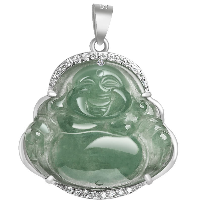 Laughing Buddha Natural Jade Luck Prosperity Necklace Titanium Steel Pendant – Lustrous laughing Buddha jade gift