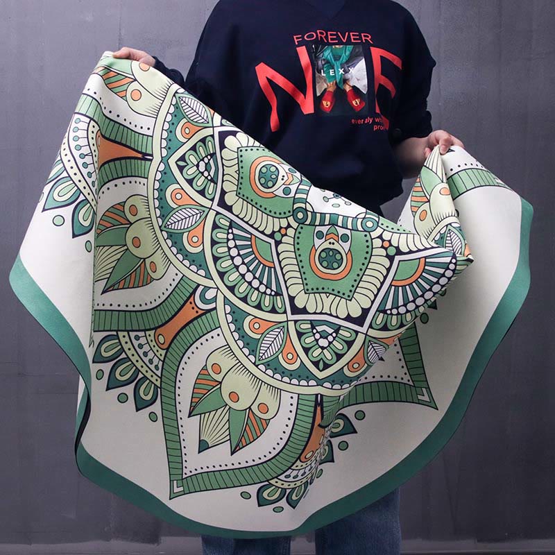 Tibetan Lotus Mandala Yoga Mat flat lay 140cm round mandala rug, green lotus on cream, boho floor mat top view