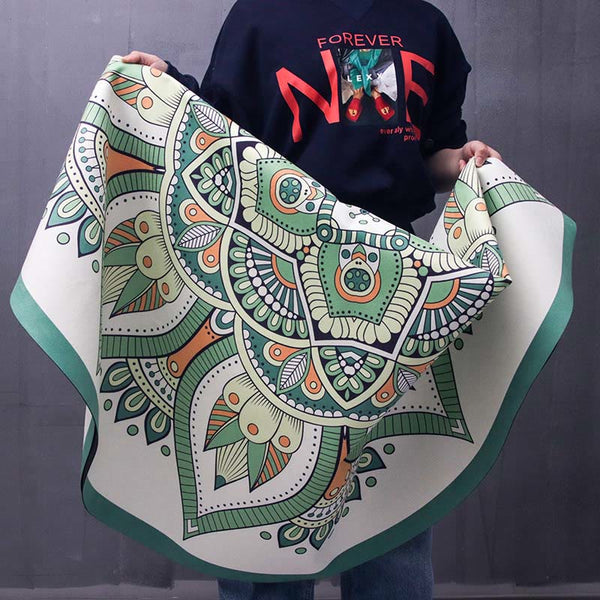 Tibetan Lotus Mandala Yoga Mat flat lay 140cm round mandala rug, green lotus on cream, boho floor mat top view