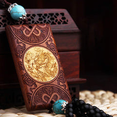 Rosewood Dragon Decoration – angled view showing golden dragon inlay and carved knotwork border, Healing
