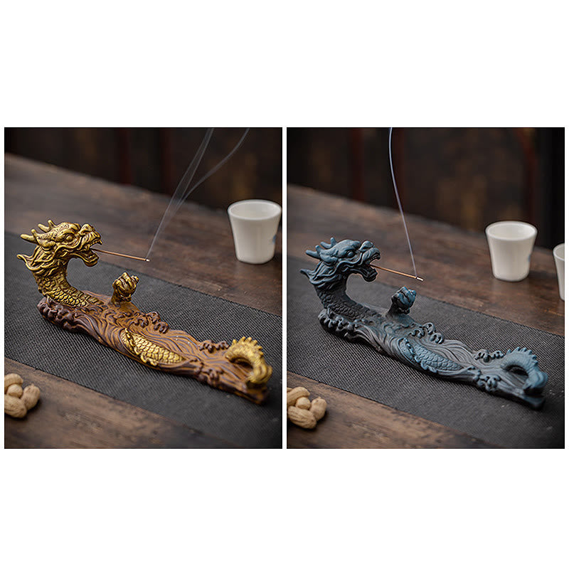 Dragon Protection Incense Burner – Buddha Stones brand info card explaining dragon symbolism and zodiac meaning
